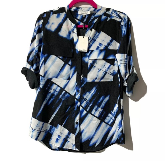 Calvin Klein Button Front Printed Blouse Roll Tab Sleeve Epaulettes Size XS - Picture 3 of 11